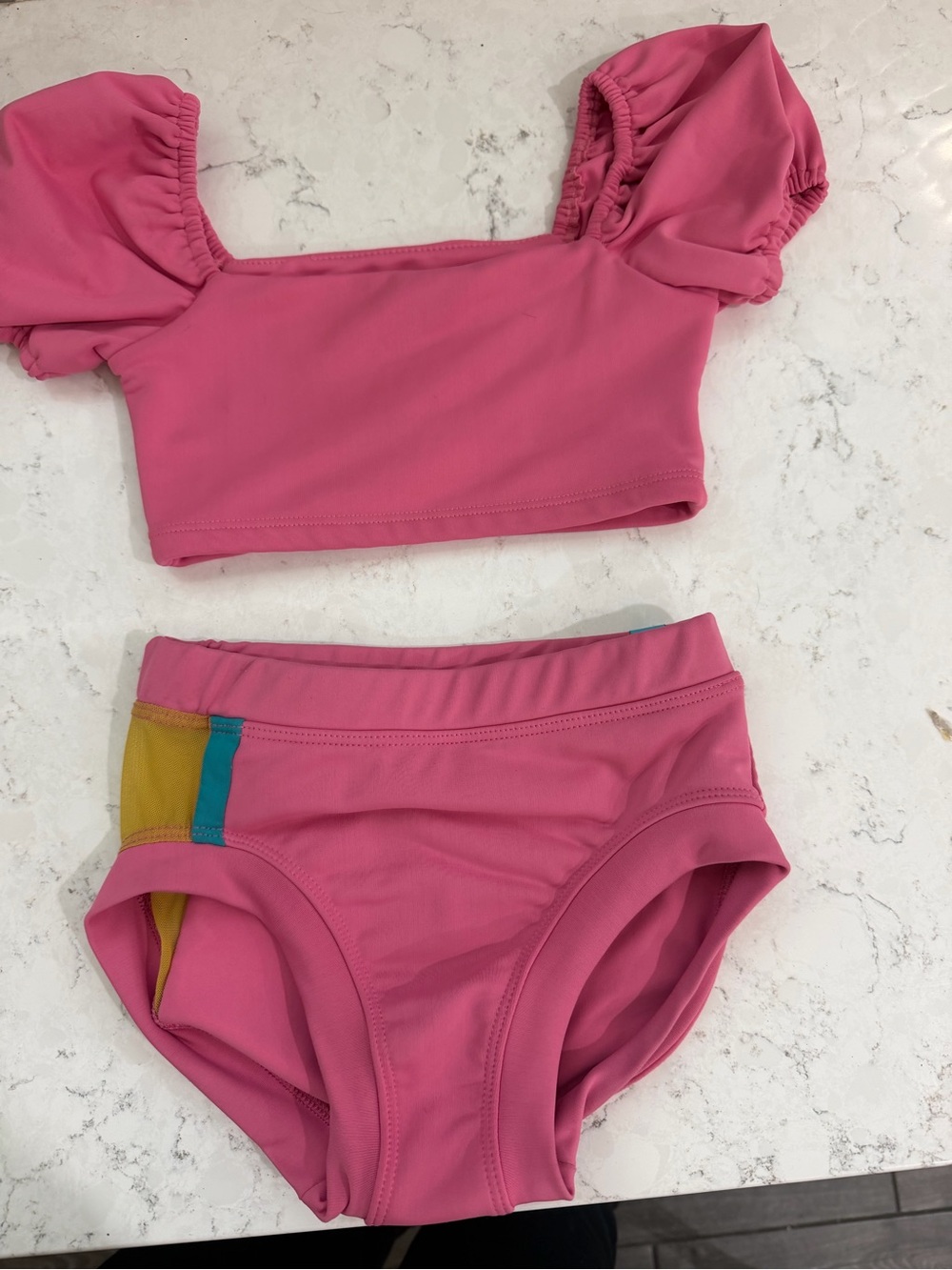 Girls Pink Puff-Sleeve Matching Set - Two-Piece Swim/Active Set